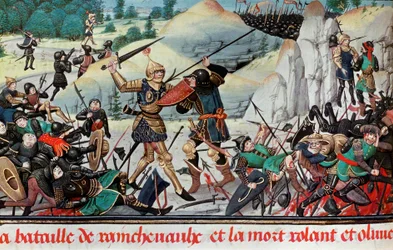 Riddaren Rolands död, Karl den stores brorson, i slaget vid Roncevaux (778) mellan Karl den stores armé och saracenerna. Miniatyr. Paris, B.N.