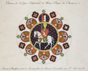Ritning av rosenfönstret i Chartres: Simon de Montfort (färg litho)