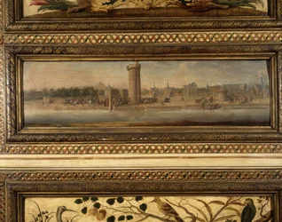 Henri IV:s inträde i Paris: Charles de Cossé Brissac (Cosse-Brissac) öppnade för Henri IV (1553 - 1610) dörren till konferensen (1594) - mittlandskapet på en av de stora panelerna i rummet - Salon de the Meilleraye. Arsenal. Målning av Quilleriez a