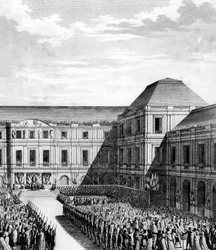 Fest ges av Napoleon I Bonaparte (1769-1821) på National Palace of the Directory (Palace of Luxembourg) i Paris efter handeln med Campo Formio den 20 fredagen An VI (10 december 1797). Paris, biblioteket vid Institutet för revolutionshistoria