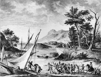 Franska revolutionen: Gripande av de franska ambassadörerna Charles Louis Huguet de Semonville (1759-1839) och Hugues Bernard Maret (1763-1839) i Novate den 25 juli 1793. Gravyr och teckning av Duplesi - Bertaux. Paris, biblioteket vid Institutet för histo