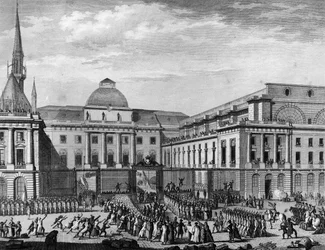 Franska revolutionen: Paris stadshus, parlamentet i november 1790 på ön i staden som leds av Jean Baptiste Gaspard Bochart de Saron (1730-1794). Paris, biblioteket vid Institutet för revolutionshistoria