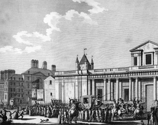 Franska revolutionen: Överföring av kungafamiljen (Louis XVI, Marie Antoinette, delfinen Louis Charles de France eller Louis XVII och Marie Therese känd som "Madame Royale") till Temple-fängelset i Paris den 13 augusti