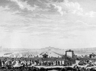 Franska revolutionen: militärtrupperna i marsfältet avgår till Place Louis XV den 12 juli 1789 Paris, biblioteket vid Institute of History of the Revolution