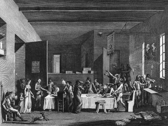 Franska revolutionen och antirevolutionär rörelse: Interiör av en revolutionär kommitté under terror år 1793-1794. Paris, biblioteket vid Institutet för revolutionshistoria