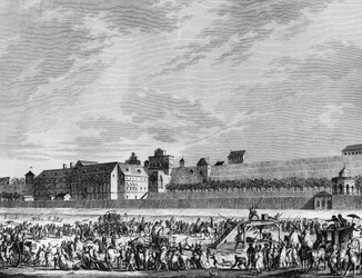 Franska revolutionen och antirevolutionära rörelser: Jean Sylvain Bailly (1736-1793) död den 12 november 1793 giljotin, för att ha deponerat till förmån för Marie Antoinette vid hans utfrågning, på esplanaden vid Champ de Mars i Paris. Paris, Bibliotek o