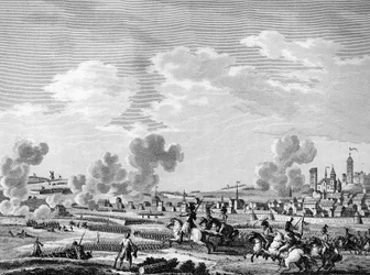 Franska revolutionen och de kontrarevolutionära krafternas ankomst: de franska revolutionärernas seger i Jemmapes den 6 november 1792 över den österrikiska armén i Belgien. Paris, biblioteket vid Institutet för revolutionshistoria