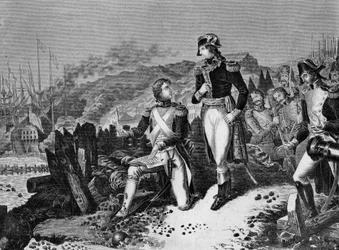 General Jean Andoche Junot (Jean-Andoche) (1771-1813), hertig av Abrantes, skriver ett brev åt Napoleon Bonaparte under belägringen av Toulon i december 1793. Junot och general Napoleon Bonaparte under belägringen av Toulon