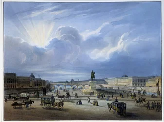 Allmän bild av Louvren med statyn av Henrik IV