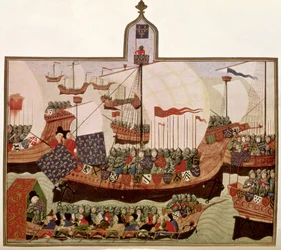 Harley 4379 f.60v Expedition av hertigen av Bourbon till Barbary, avrättad av Jean Froissart (c.1333-c.1404) i Paris för den franske historikern Philip de Commines (1445-1509) (faksimil)