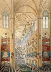 Interiören i Notre-Dame-katedralen i Paris under kröningen av Napoleon I (1769-1821) den 2/12/1804. Akvarell omkring 1804. Île-d