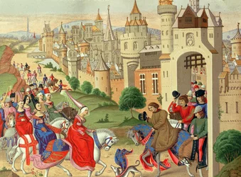 Isabella, drottning av England, välkomnas vid portarna till Paris av sin bror kung Karl IV av Frankrike, från manuskriptet "Chroniques" (faksimilupplaga)