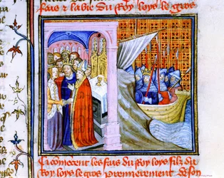 Eleonora av Akvitaniens äktenskap med Ludvig VII av Frankrike (1137) till vänster, och avfärd till andra korståget 1147-1149, från "Chronique de St Denis" (pergament)