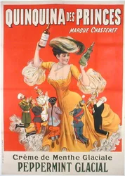 Affisch som reklamerar "Quinquina des Princes" fransk creme de menthe (litho i färg)
