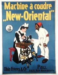 Affisch med reklam för symaskinen "New Oriental", tillverkad av Obin Freres & Co. (litho i färg)