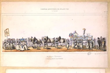 Procession av Meuniers-Fariniers (Millers) i Strasbourg, 25 juni 1840 (färg litho)