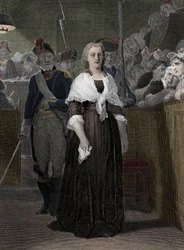 Drottning Marie Antoinette (1755-1793) dömd av revolutionsdomstolen i oktober 1793” (drottning av Frankrike Marie-Antoinette (1755-1793) under hennes rättegång vid revolutionsdomstolen, oktober 1793)