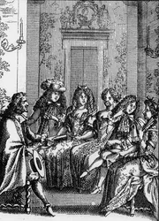 Representation av en scen i pjäsen "" La critique de l’ecole des femmes"" (1663) av Jean Baptiste Poquelin dit Moliere (1622-1673).