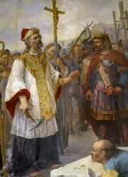 St Corentin lägger den första stenen till Cathedrale de Quimper på Odet i närvaro av kung Gralon Meur, 435 - målning av kyrkan Morlaix