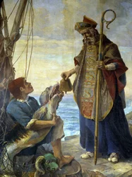 St Pol de Leon tar emot av en fisk, på ön Batz, klockan som kung Mark hade vägrat honom i Ouessant, v. 530 - målning av kyrkan Morlaix