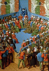 Dom över Jean, hertig av Alencon, anklagad för att ha konspirerat med engelsmännen mot fransmännen, faksimil av ett 1400-talsmanuskript av Jean Fouquet (färg litho)