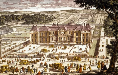 Vy över slottet Vaux le Vicomte, byggt av Louis le Vau 1658-1661 för Nicolas Fouquet (färggravyr)