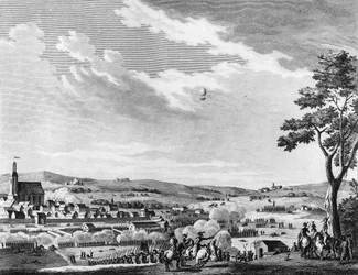 Den franska revolutionens krig och rörelsen mot revolutionären: Seger i slaget vid Fleurus vunnen av fransmännen den 8 messsidor år II (26 juni 1794) mot Storbritannien och Österrike. Paris, biblioteket vid Institutet för revolutionshistoria
