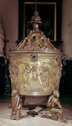 Dopfunt som visar en reliefpanel av Kristi dop, stödd av fyra knästående figurer som representerar paradisets floder, tyska, ca 1225-30 (brons)