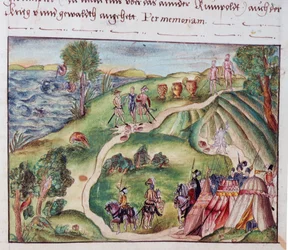 MS Add.15217 fol.40 Ett venezuelanskt landskap med ett spanskt läger, från en samling memoarer från familjen Coeler, Nürnberg