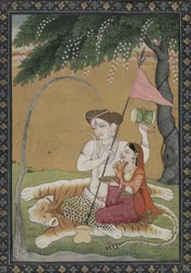 Shiva och Parvati på tigerskinn, ca 1800 (akvarell med guld och silver)
