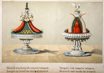 Design för presentation av oxtunga på en bädd av stearin och för hummer, illustration från en ungersk kokbok om fransk matlagning, ca 1880 (litografi i färg).