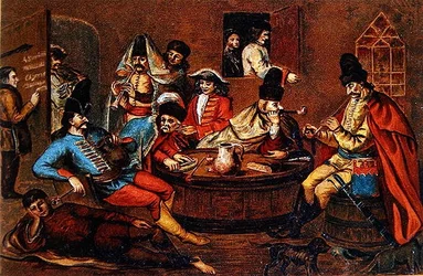 Prins Ferenc Rakoczi II:s rebelliska soldater som slappnar av med kompanjoner (färglitografi) (efter en ungersk målning från 1600-talet)