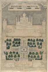 Fågelperspektiv av Taj Mahal i Agra (penna och bläck med akvarell på papper)