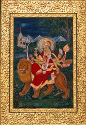 Gudinnan Durga miniatyrmålning med gyllene ram