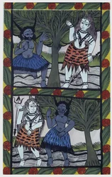 Kama, begärets gud, skickar en kärlekspil till Shiva i meditation, för att förenas med Parvati. Pat: målad rulle från Bengalregionen, som fungerar som ett berättande medium för sångarna Baoul (Baul). Leonard de Selva privat samling.