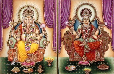 Lord Ganesh Ganpati gudinna och Lakshmi miniatyrmålning på elfenben