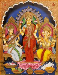 Lord Ganesh med Laxmi och Saraswati Miniatyrmålning på papper med guldpräglad Indien