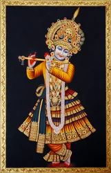 Lord Krishna spelar flöjt Miniatyrmålning på papper