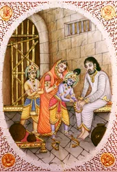 Elfenbensmålning i miniatyr av Krishna Balram och Devaki Vasudeva
