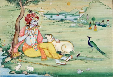 Miniatyrmålning av Krishna som spelar flöjt