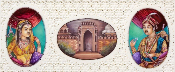Miniatyrmålning av mogulkejsaren Akbar med hustrun Jodha Bai