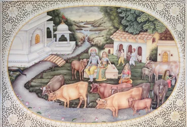 Miniatyr av Krishna, en mjölkpiga sittande på ett fält med boskap (akvarell på elfenben)