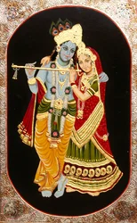 Målning av guden Krishna och hennes största tillbedjare Radha, Indien