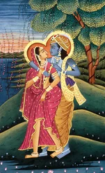 Målning av guden Krishna och hennes största hängivna Radha, Indien