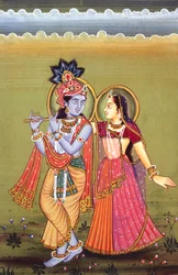 Målning av guden Krishna och hennes största hängivna Radha, Indien