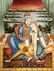 Målning av Mughalkejsaren med sin hustru i kärleksscen, Indien