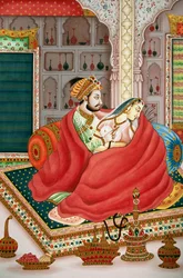 Målning av mogulkejsare med sin hustru i kärleksscen, Indien