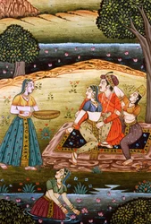 Målning av mogulkejsare med sina fruar i kärleksscen, Indien