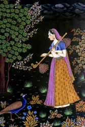 Målning på papper, kvinna som njuter av musik, Indien