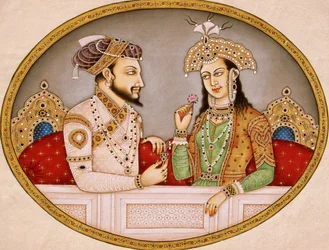 Porträtt av mogulkejsaren Shahjahan med drottning Mumtaz Mahal, Indien